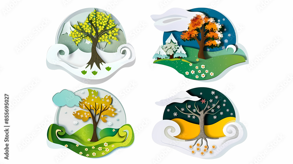 Four seasons tree isolated on white background, spring with flowers, green summer, yellow autumn, snow winter. Vector illustration. Paper cut cartoon style, Four seasons tree isolated on white background, spring with flowers, green summer, yellow autumn, snow winter. Vector illustration. Paper cut cartoon style,