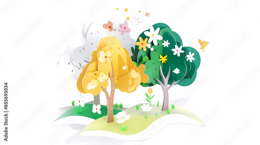 Four seasons tree isolated on white background, spring with flowers, green summer, yellow autumn, snow winter. Vector illustration. Paper cut cartoon style, Four seasons tree isolated on white background, spring with flowers, green summer, yellow autumn, snow winter. Vector illustration. Paper cut cartoon style,