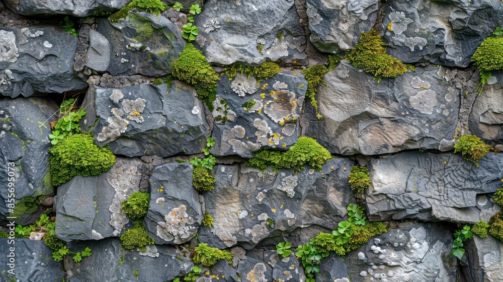 A close-up of a stone wall with moss and lichen growing in the crevices. A close-up of a stone wall with moss and lichen growing in the crevices.