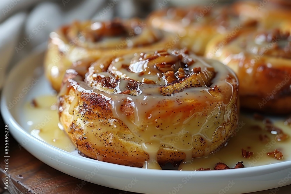 A freshly baked cinnamon roll with gooey icing dripping down the sides. A freshly baked cinnamon roll with gooey icing dripping down the sides.