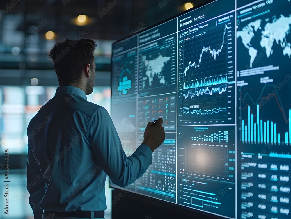 Businessman Analyzing Financial Data on Large Digital Screen for Strategic Growth and Business Success Businessman Analyzing Financial Data on Large Digital Screen for Strategic Growth and Business Success