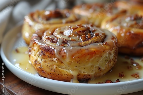 A freshly baked cinnamon roll with gooey icing dripping down the sides. © Nico