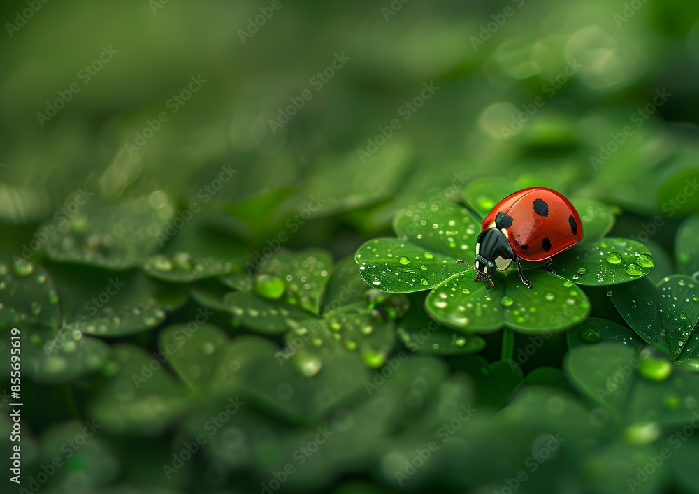 A ladybug perched on the four-leaf clover, symbolizing good luck and fortune, nature, fresh green leaves, photo background A ladybug perched on the four-leaf clover, symbolizing good luck and fortune, nature, fresh green leaves, photo background