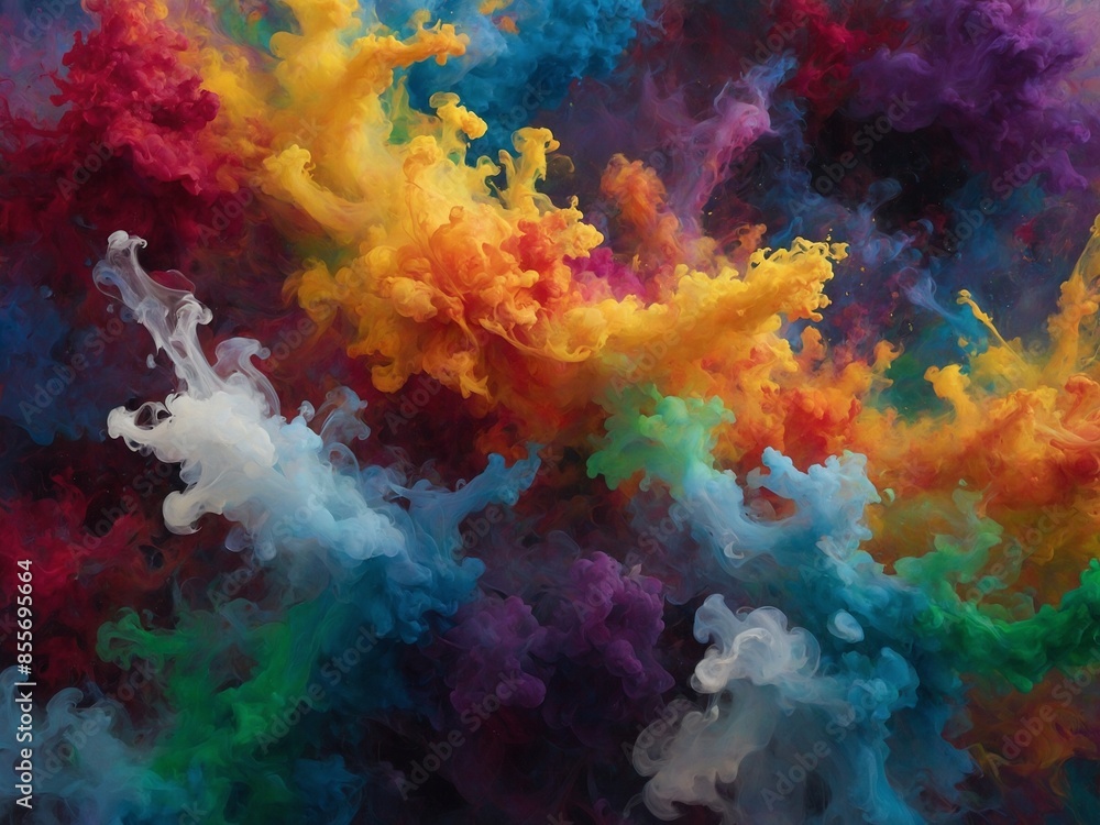 Cosmic explosion of vibrant colors swirls against dark backdrop, resembling birth of nebula, fantastical supernova. Red, blue, yellow, purple hues blend harmoniously. Cosmic explosion of vibrant colors swirls against dark backdrop, resembling birth of nebula, fantastical supernova. Red, blue, yellow, purple hues blend harmoniously.