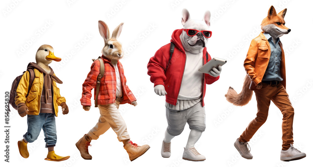 Fototapeta premium Animal character walking png element set on transparent background