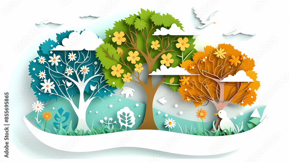 Naklejka premium Four seasons tree isolated on white background, spring with flowers, green summer, yellow autumn, snow winter. Vector illustration. Paper cut cartoon style,