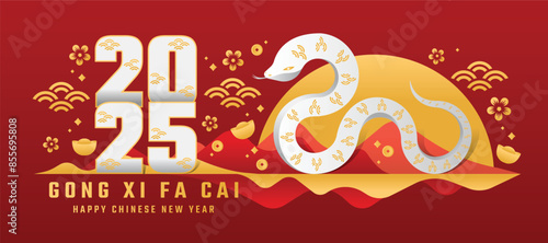 Happy chinese new year 2025 - White and gold chinese zodiac snake on mountain curve with money coin and flower around on red background vector design