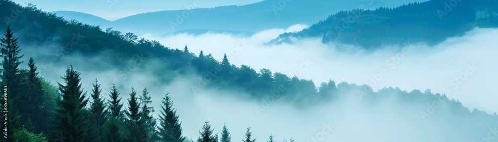 misty mountain forest landscape with silhouettes of trees and foggy peaks. misty mountain forest landscape with silhouettes of trees and foggy peaks.