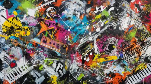 Vibrant street culture reflected through an urban graffiti wall adorned with colorful musical elements.