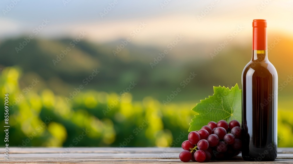 Fototapeta premium red wine bottle with grapes and vineyard background at sunset.