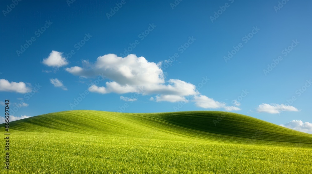Obraz premium rolling green hills with blue sky and white clouds.