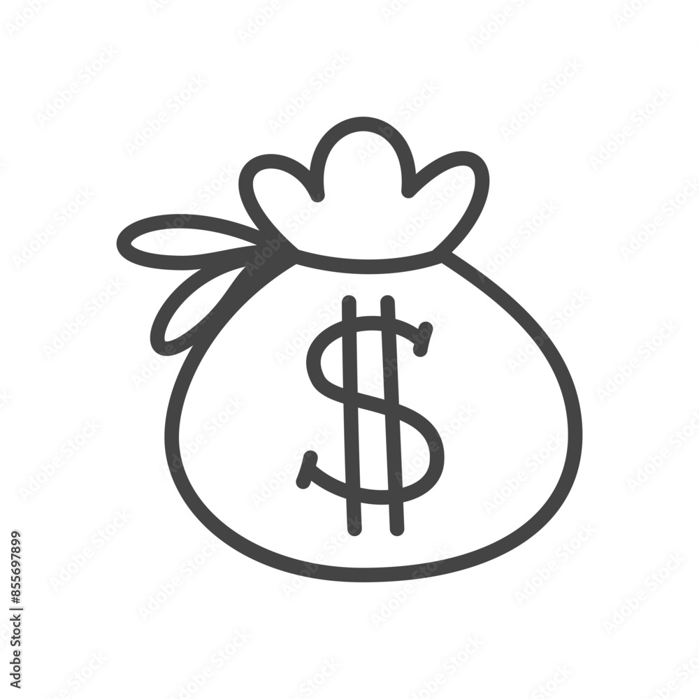 Cute money bag icon. Hand drawn monochrome illustration of a sack with dollar sign isolated on a white background. Kawaii sticker. Vector 10 EPS. Cute money bag icon. Hand drawn monochrome illustration of a sack with dollar sign isolated on a white background. Kawaii sticker. Vector 10 EPS.