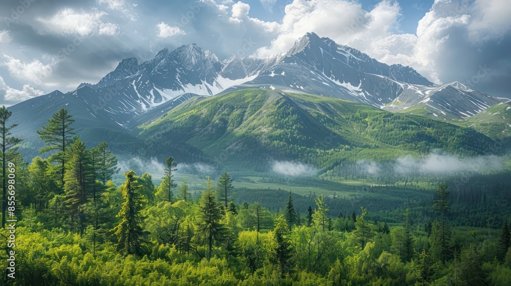 Obraz premium A mountain range with a cloudy sky and a few trees
