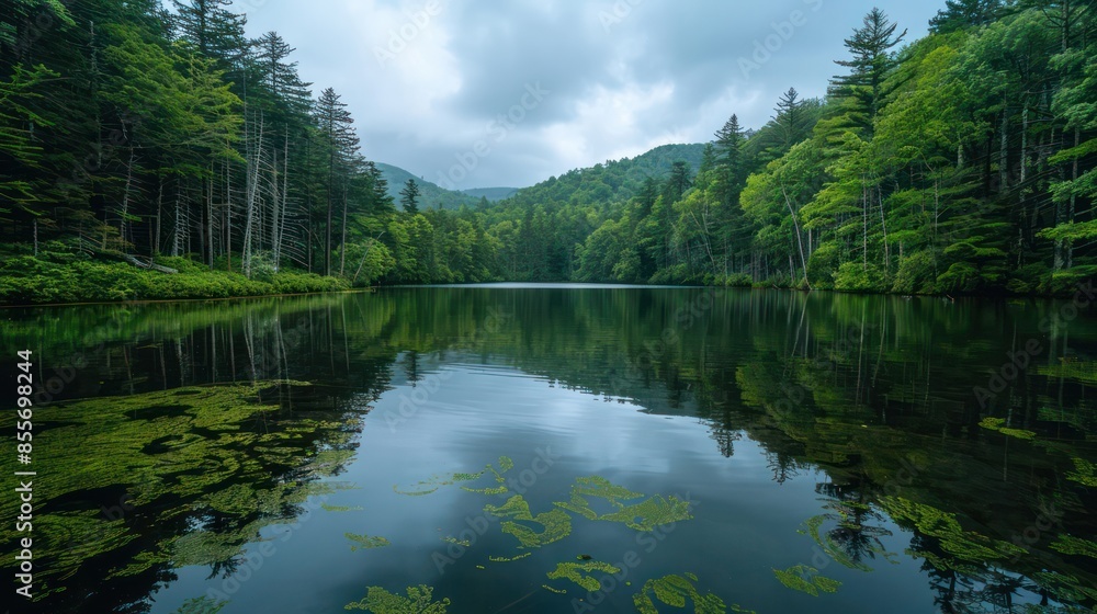 A lake with a forest in the background A lake with a forest in the background