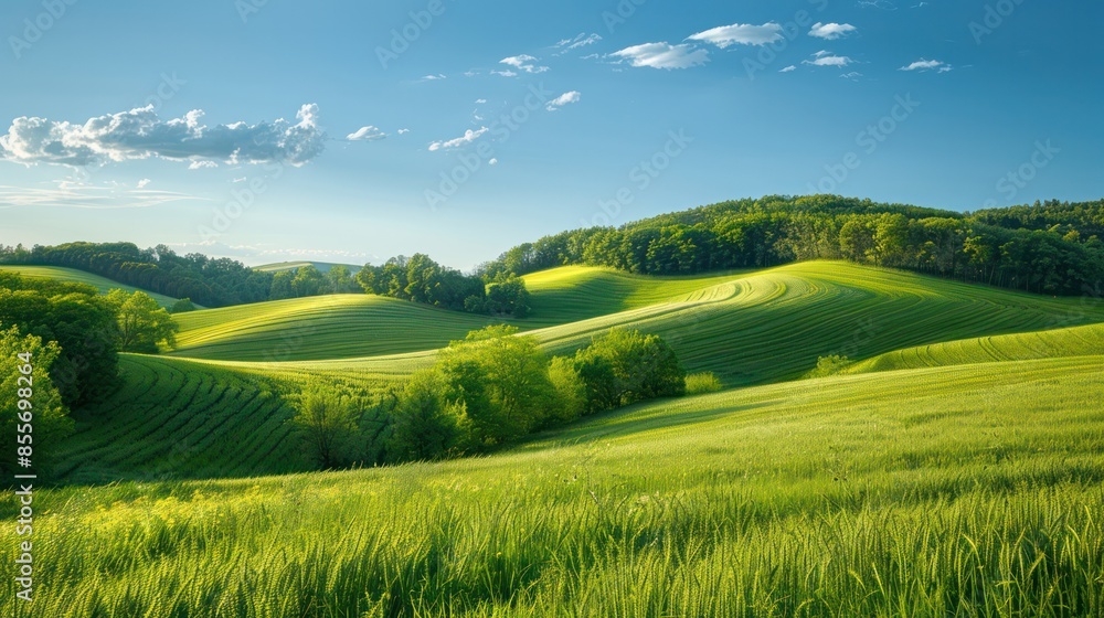 Obraz premium A serene countryside scene with rolling hills and a clear blue sky.