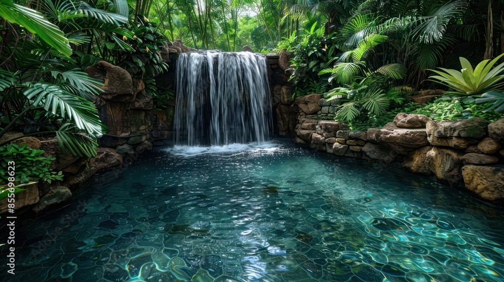 A waterfall is flowing into a pool of water A waterfall is flowing into a pool of water