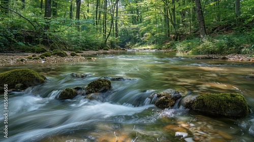 A stream of water flows through a forest with moss growing on rocks