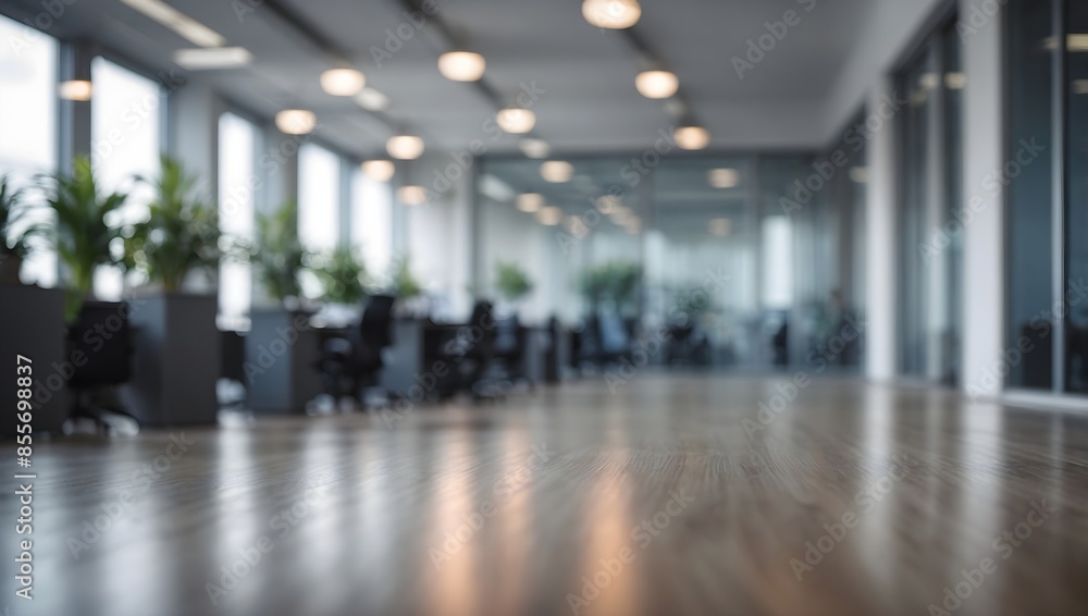 Blurred empty open space office. Abstract light bokeh at office interior background for design Blurred empty open space office. Abstract light bokeh at office interior background for design