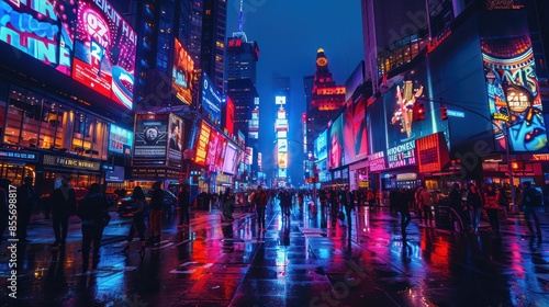 A busy city street with neon signs and people walking in the rain