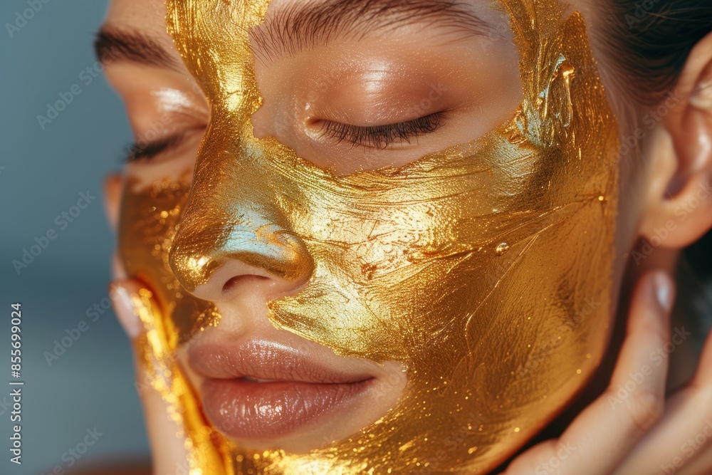 A woman applying a luxurious gold-infused face mask, showcasing a premium skincare product and indulgent self-care routine. A woman applying a luxurious gold-infused face mask, showcasing a premium skincare product and indulgent self-care routine.