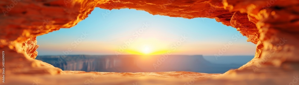 Fototapeta premium golden hour sunset through cave window with canyon view.