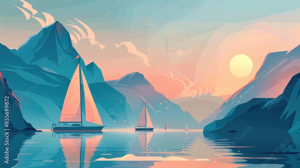 Naklejka premium The flat illustration showcases a stunning blend of mountainscapes and sailboats gracefully navigating the water