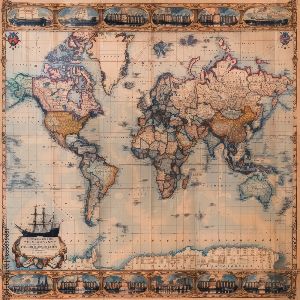 Fototapeta premium old nautical world map 19e century