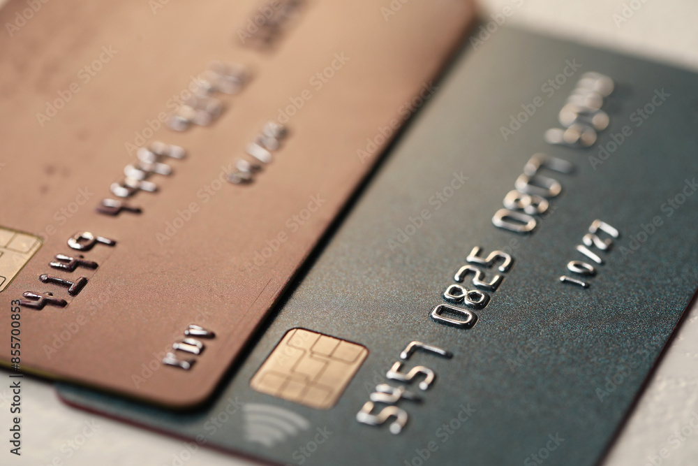 Two credit cards on table, closeup view Two credit cards on table, closeup view