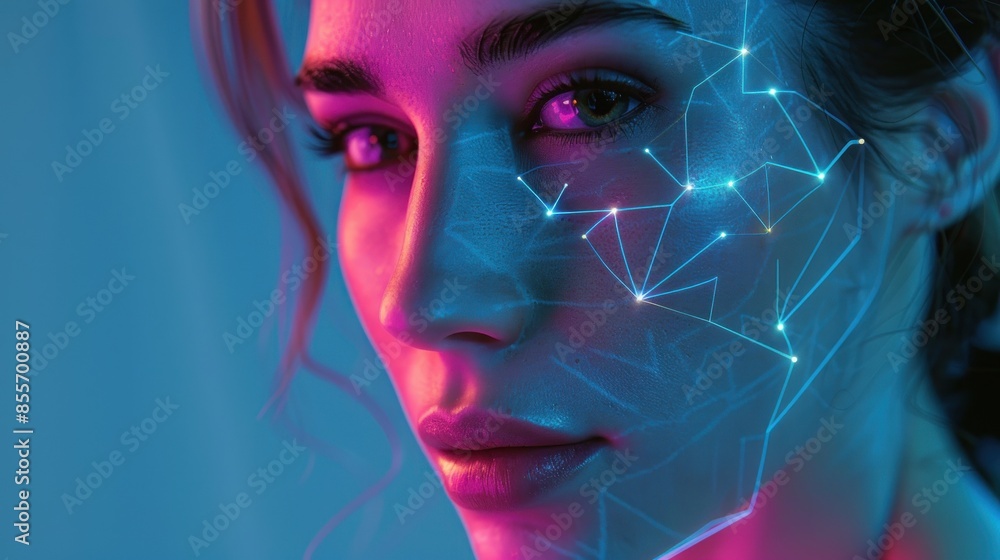 A woman face is shown in a blue digital computer screen reflection A woman face is shown in a blue digital computer screen reflection