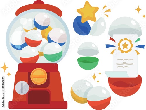 a set of adorable illustrations of japanese toy capsule vending machine, called gacha machine, suitable for scenarios such as raffles, games, blind boxes, and more.