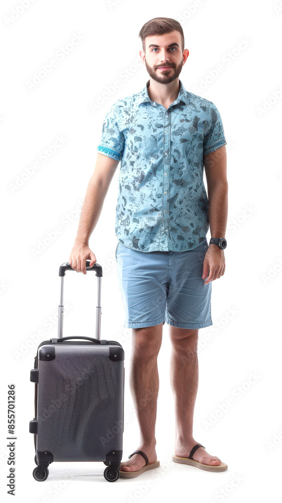 Full length profile shot of a tourist walking and pulling a suitcase isolated on white background. Full length profile shot of a tourist walking and pulling a suitcase isolated on white background.
