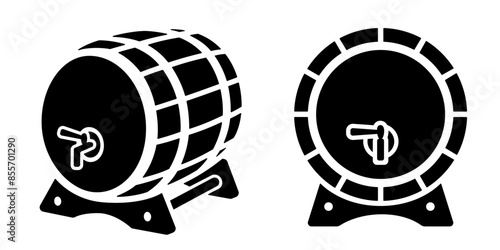 Wooden barrel with tap icon, black silhouette isolated on white. Oak barrel for beer or for aging whiskey, wine, brandy, stencil style, front and side view. Vector minimalist sign, simple logo design.