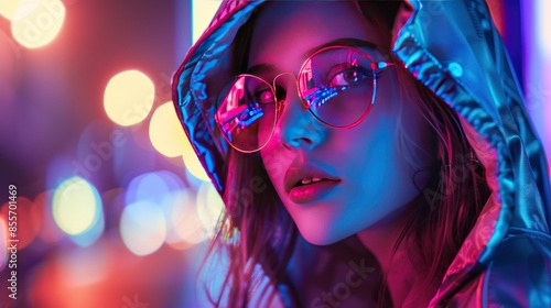 Stylish woman cyberpunk style fashion in city blurred background. AI generated