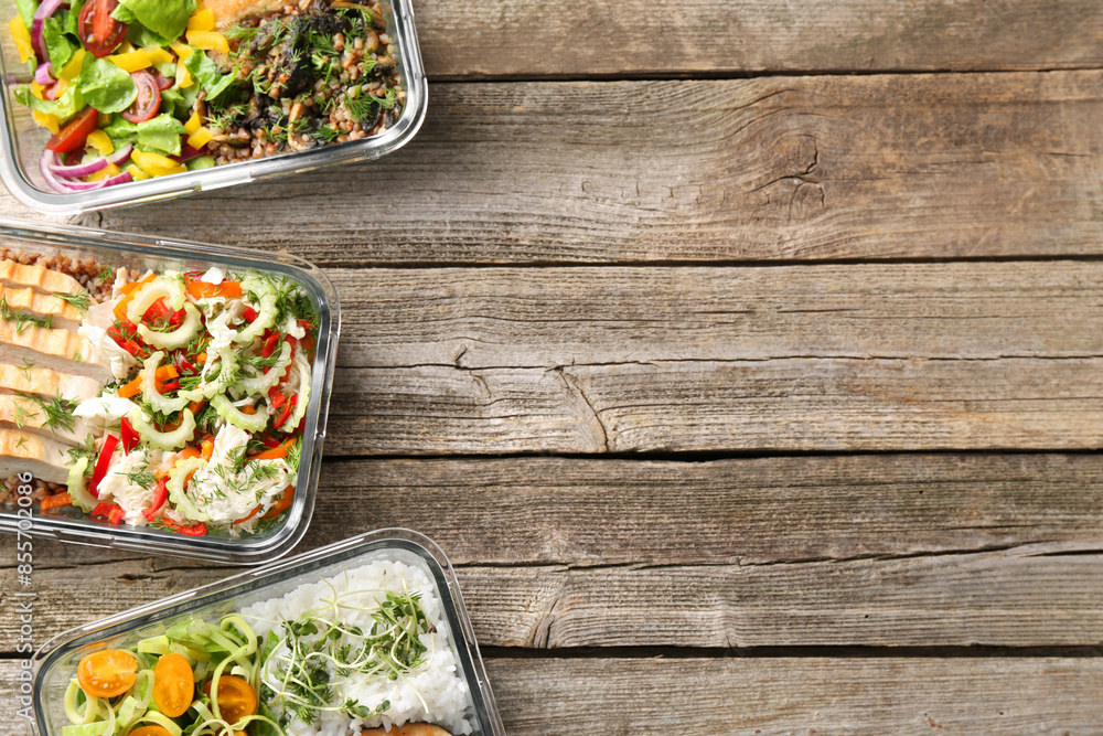 Healthy meal. Containers with different products on wooden table, flat lay. Space for text Healthy meal. Containers with different products on wooden table, flat lay. Space for text
