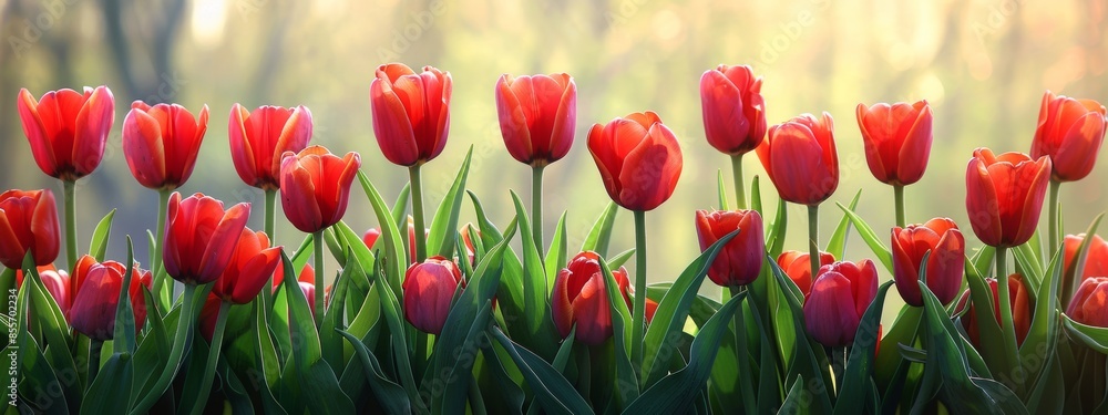 A row of vibrant red tulips swaying gently in the breeze, a welcome sign of spring's arrival. A row of vibrant red tulips swaying gently in the breeze, a welcome sign of spring's arrival.