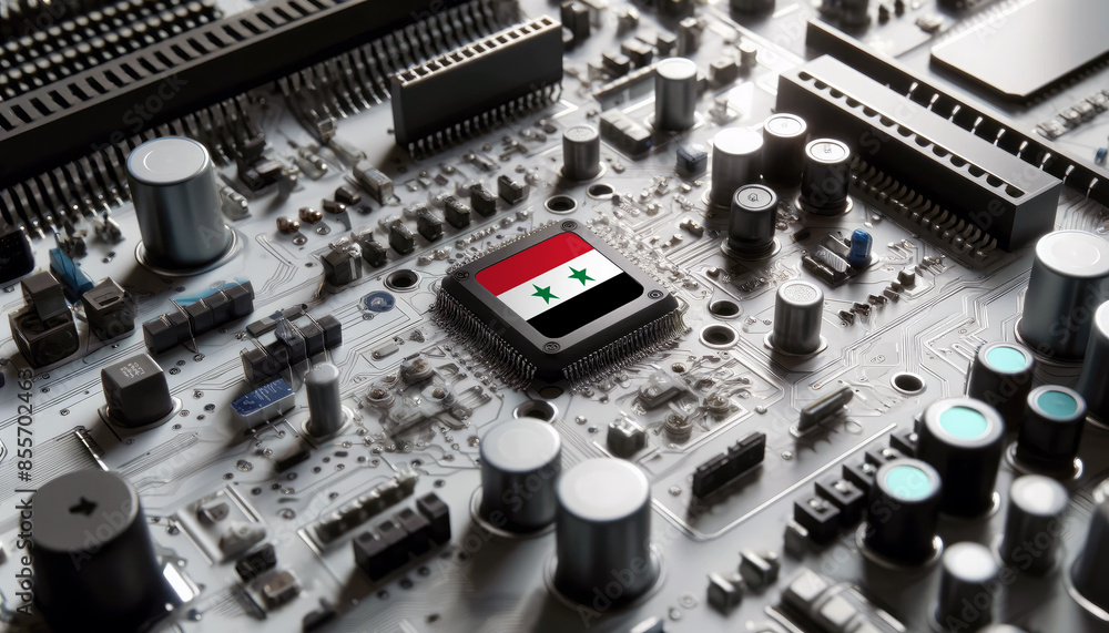 Fototapeta premium Close-up of a microchip with the Syria flag, highlighting Syria leadership in technology and electronics