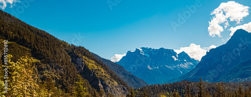 Mount Zugspitze summer view seen from Fernpass, Reutte, Tyrol, Austria photo