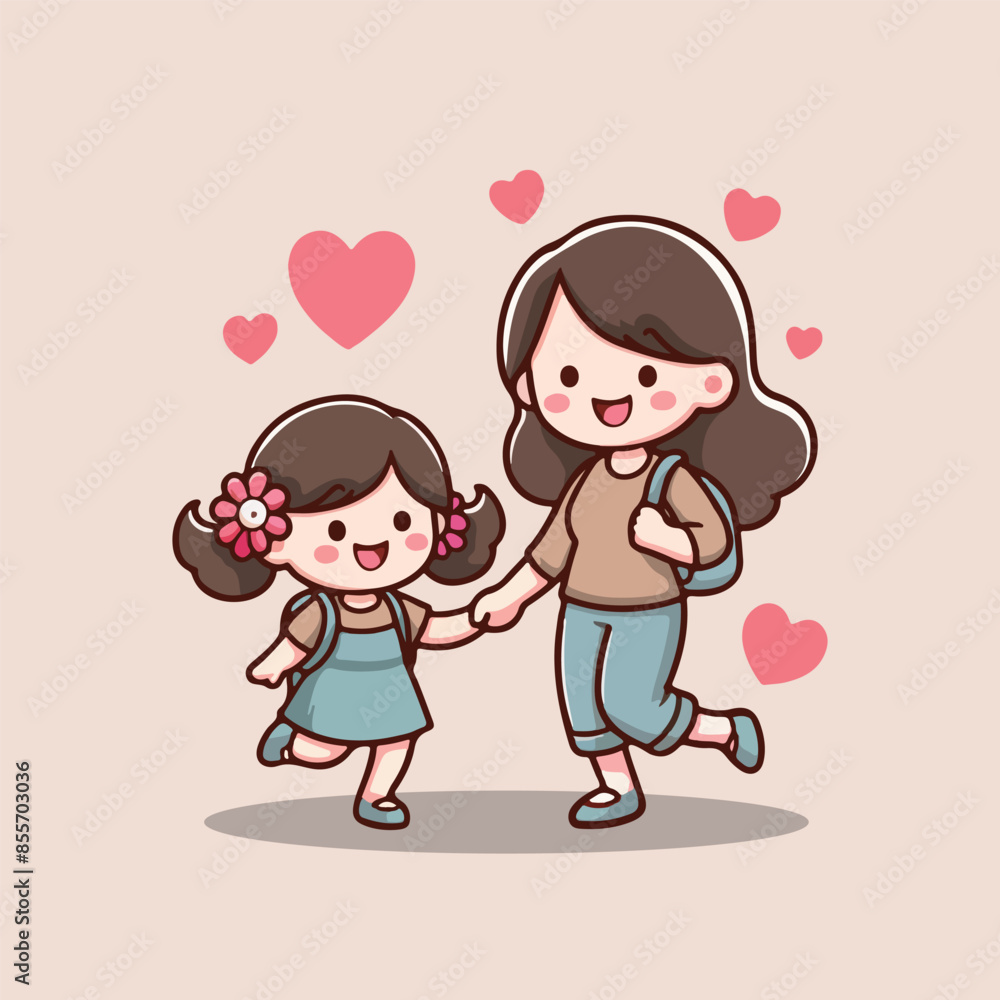 Cute Illustration Mom and Daughter Design Cute Illustration Mom and Daughter Design