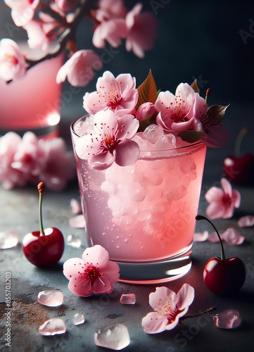 pink cocktail with a delicate floral touch, garnished with cherry blossoms and cherries. Ice cubes are visible in the glass. The drink is set on a dark background with scattered cherry blossoms 