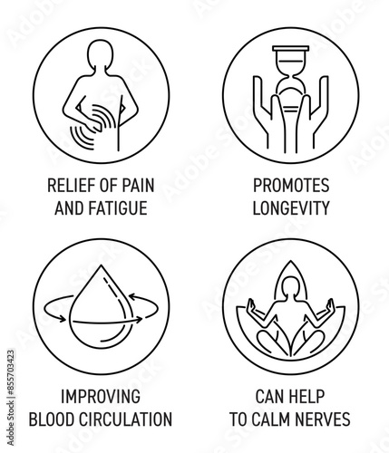 Thin icons for massage oil - Relief, Longevity, Blood circulation, Calm nerves