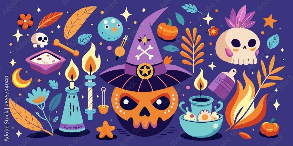 An image of a pumpkin with witch hat, candles, and skulls, displayed creatively An image of a pumpkin with witch hat, candles, and skulls, displayed creatively