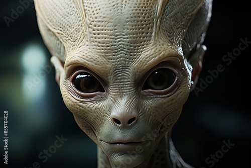 Portrait of an alien with a nose and big eyes, a shrunken head of an alien from space.