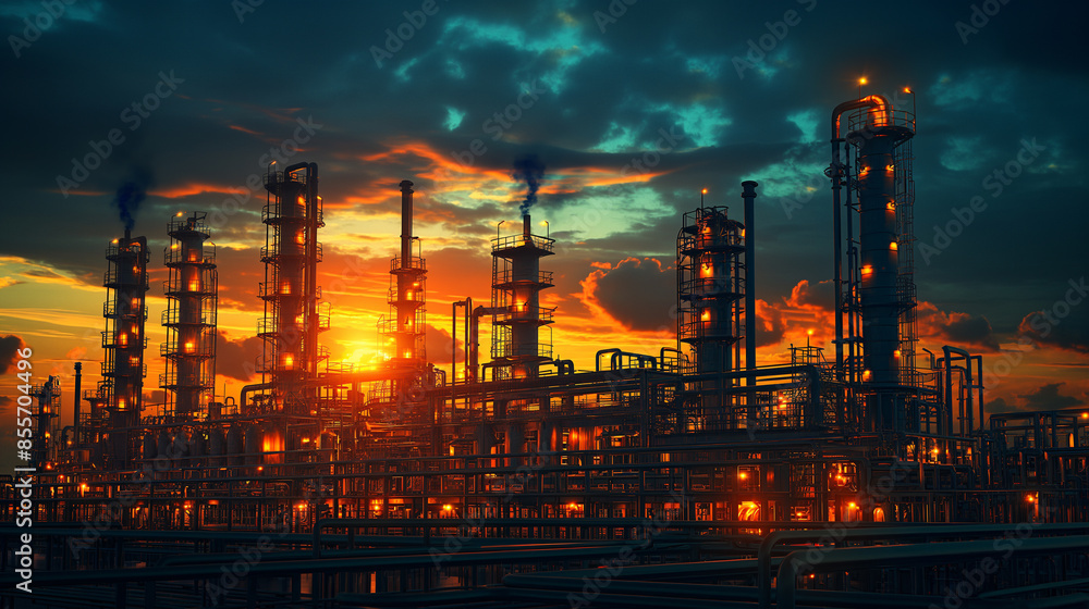 A large industrial plant with many tall buildings and a sunset in the background A large industrial plant with many tall buildings and a sunset in the background