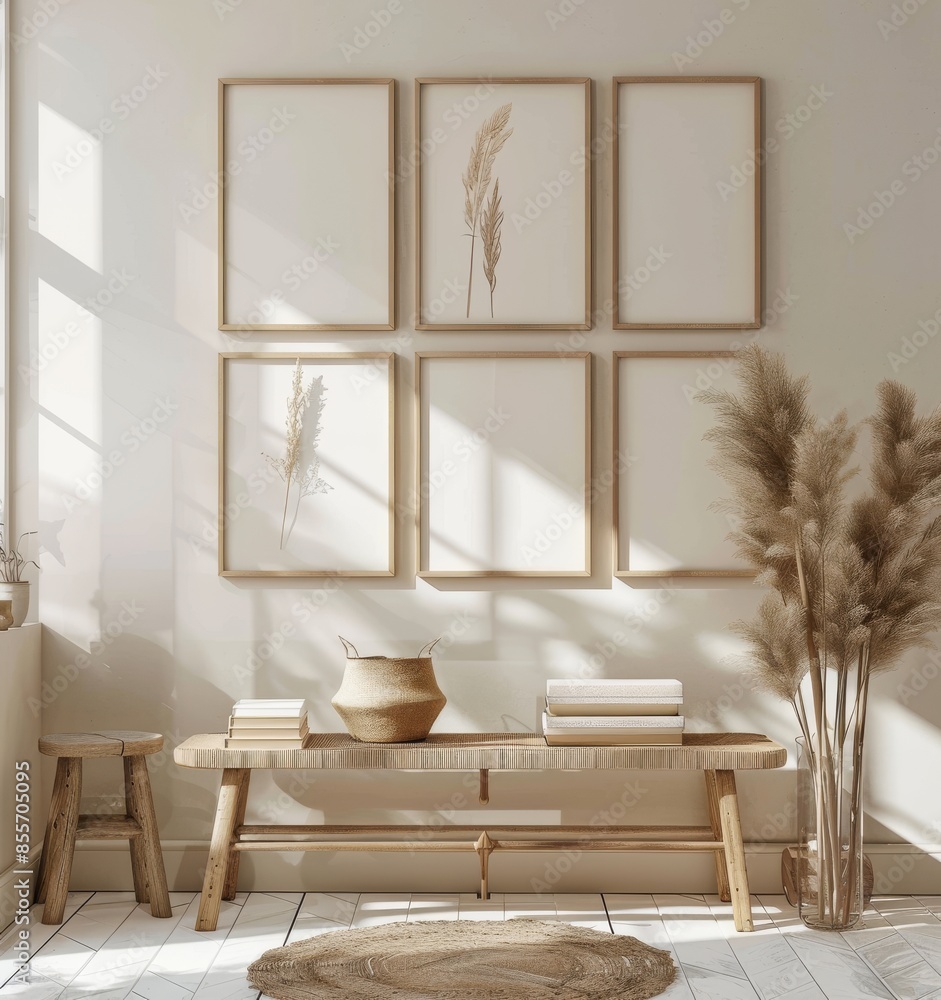 Minimalist wall art mockup featuring six wooden frames in cozy room Minimalist wall art mockup featuring six wooden frames in cozy room