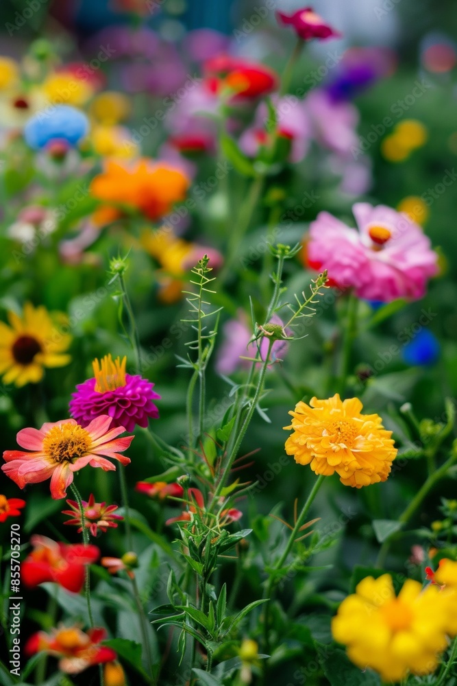 Vibrant close-up of various colorful flowers blooming in a lush rooftop garden under clear skies Vibrant close-up of various colorful flowers blooming in a lush rooftop garden under clear skies