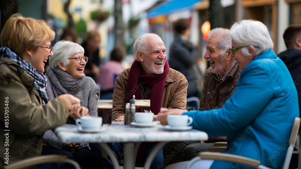 Group of elderly friends laughing together while having coffee at an outdoor cafe in the city. Group of elderly friends laughing together while having coffee at an outdoor cafe in the city.