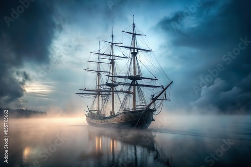 ghost ship sail on sea coverd in thick fog. Marine supernatural phenomena