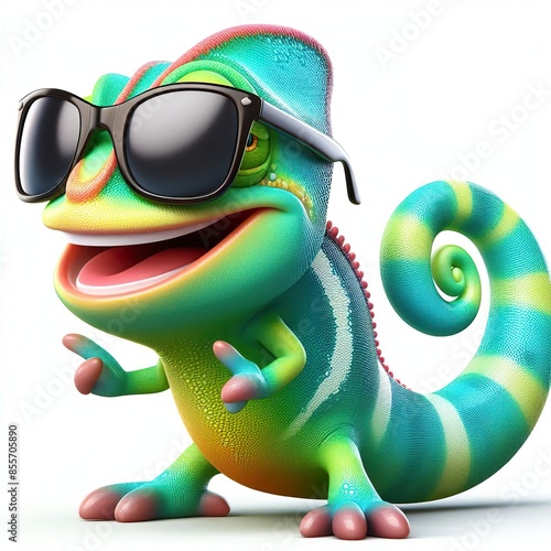 3D cartoon of a Happy chameleon wearing sunglasses, full body isolated white background photo