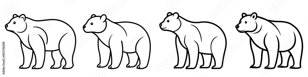 Fototapeta premium Bear icons set. Minimalist black and white illustration of a bear standing in profile. Vector illustration.