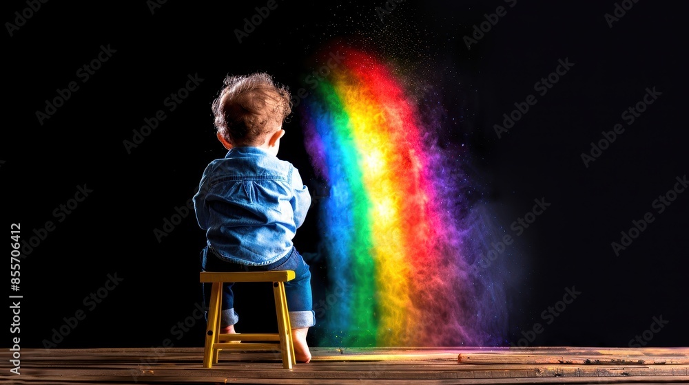 A child sitting on a stool gazes at a vibrant rainbow on a dark background, evoking a sense of wonder and magic. A child sitting on a stool gazes at a vibrant rainbow on a dark background, evoking a sense of wonder and magic.